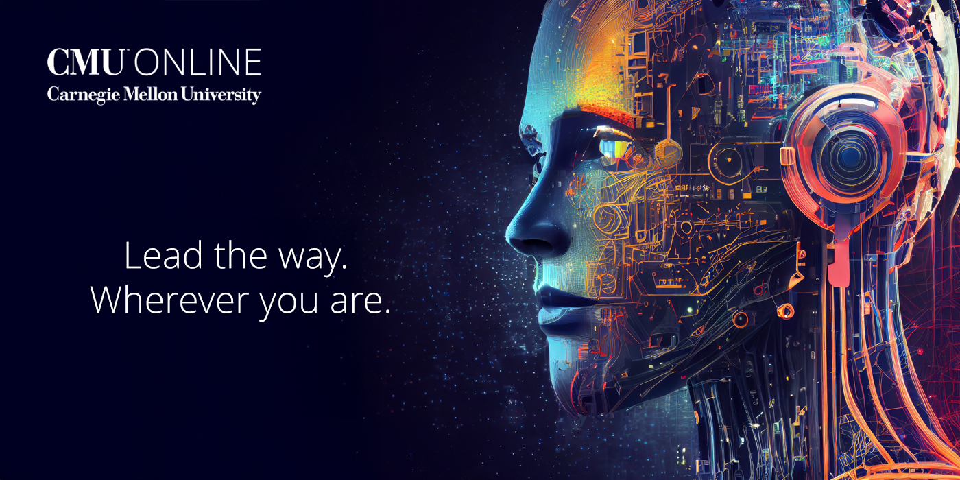 Stylized image of a robot's head, showing circuits and wires inside, over a dark blue background. White text reads: lead the way, wherever you are.